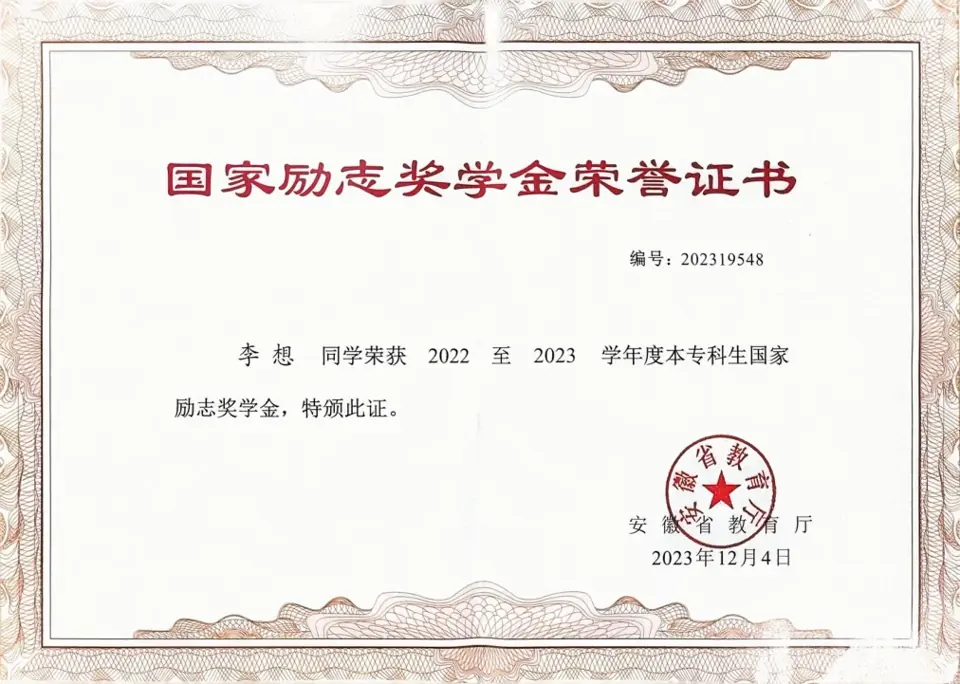 国家励志奖学金荣誉证书获奖证书